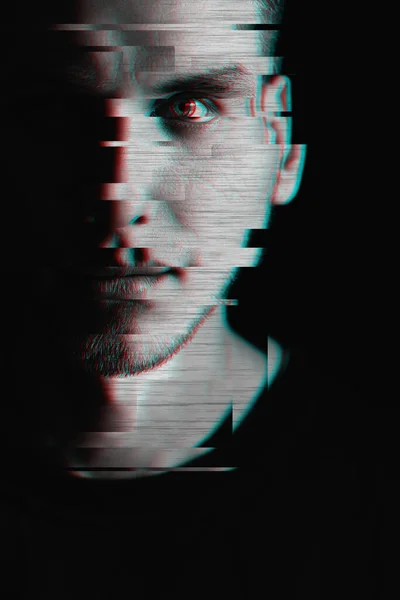 black and white portrait of a man with glitch effect