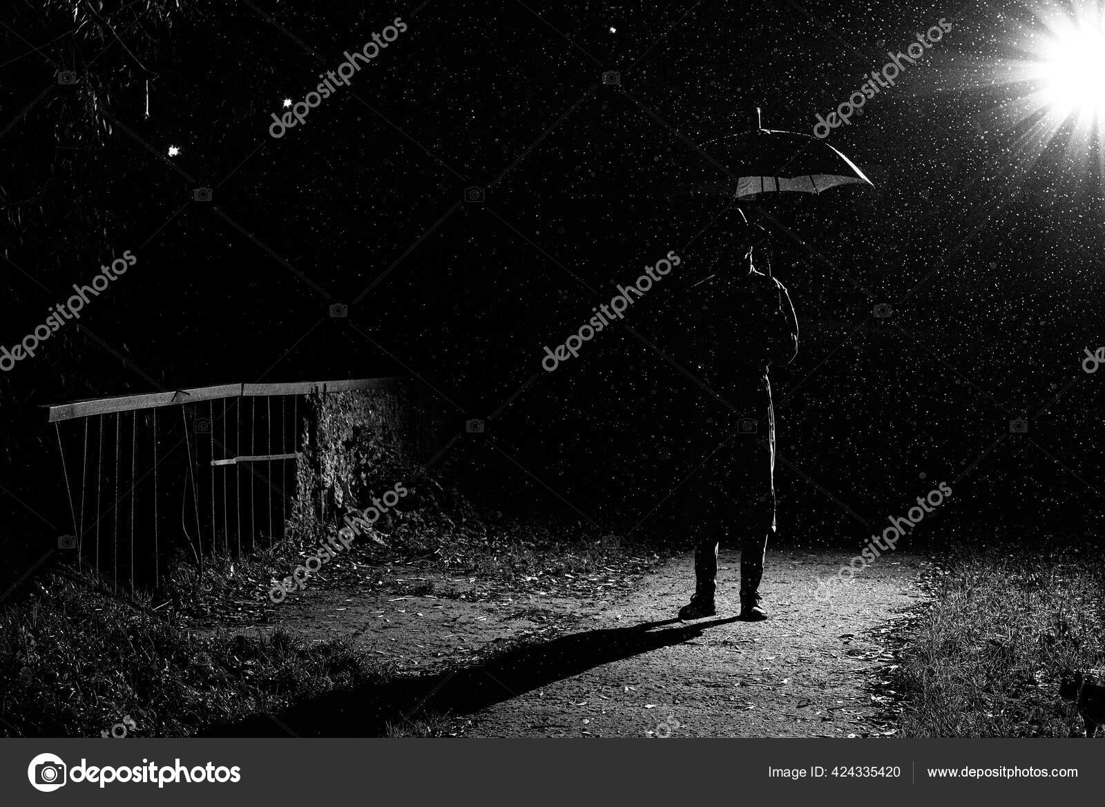 レインコートの男と雨の中通りの傘の下の帽子の暗いシルエット ストック写真 C Alexkoral レインコートの男と雨の中通りの傘の下の帽子の暗いシルエット ストック写真 C Alexkoral