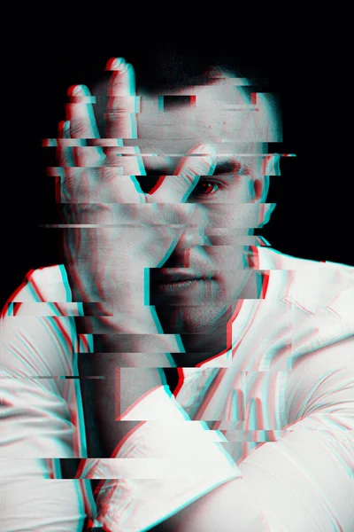 Black and white portrait of man with a glitch effect of virtual reality — Stock Photo, Image