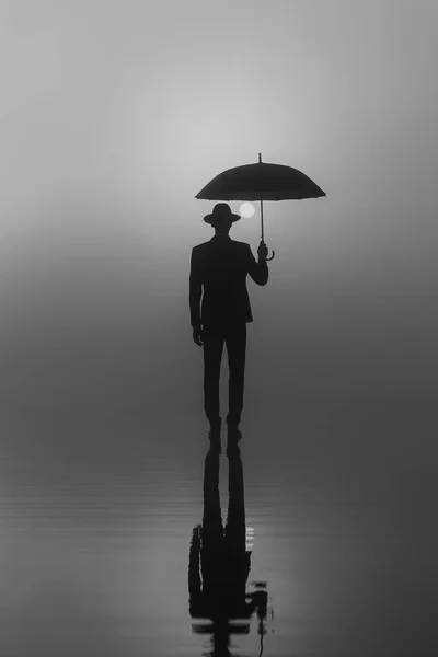 Portrait surréaliste d'un homme en costume et chapeau avec un parapluie debout sur l'eau — Photo