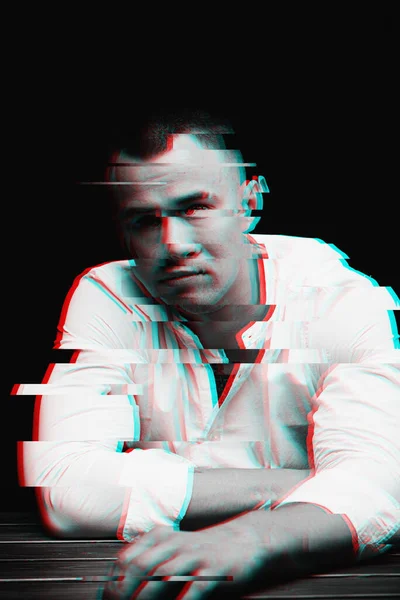 Svart och vitt porträtt av människan med en glitch effekt av virtuell verklighet — Stockfoto