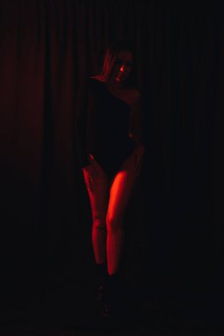 Siyah elbiseli seksi bir kadının bulanık portresi.