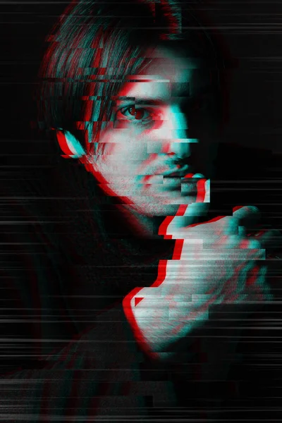 Glitch effect on a black and white portrait of a man — Stock Photo, Image