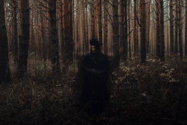 Kötü bir cadının kara siluetinin bulanık ve korkutucu büyüleri.