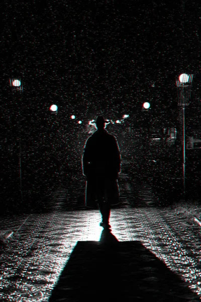Dramatyczna sylwetka mężczyzny w kapeluszu i płaszczu przeciwdeszczowym spacerującego nocą po mieście — Zdjęcie stockowe