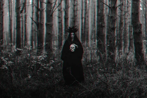 Noir terrible sorcière tient le crâne d'un homme mort dans ses mains — Photo