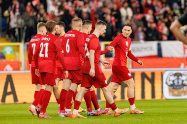 Players of Poland  seen celbrating after goal from Piotr Zielinski during International friendly game between national teams of Poland and  New Zealand (Maciej Rogowski/Ball Raw Images)