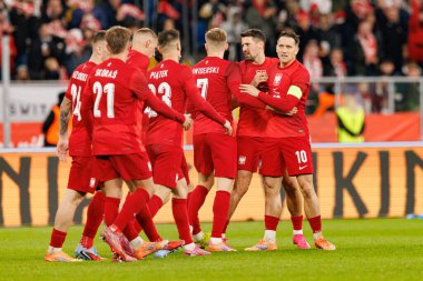 Players of Poland  seen celbrating after goal from Piotr Zielinski during International friendly game between national teams of Poland and  New Zealand (Maciej Rogowski/Ball Raw Images)