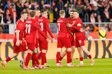 Players of Poland  seen celbrating after goal from Piotr Zielinski during International friendly game between national teams of Poland and  New Zealand (Maciej Rogowski/Ball Raw Images)