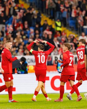 Players of Poland  seen celbrating after goal from Piotr Zielinski during International friendly game between national teams of Poland and  New Zealand (Maciej Rogowski/Ball Raw Images)