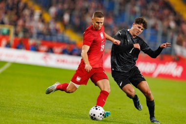 Przemyslaw Frankowski and Matthew Garbett seen  during International friendly game between national teams of Poland and  New Zealand (Maciej Rogowski/Ball Raw Images)