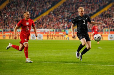 Przemyslaw Frankowski and Francis De Vries seen  during International friendly game between national teams of Poland and  New Zealand (Maciej Rogowski/Ball Raw Images)