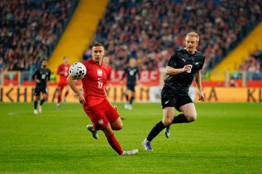 Przemyslaw Frankowski and Francis De Vries seen  during International friendly game between national teams of Poland and  New Zealand (Maciej Rogowski/Ball Raw Images)