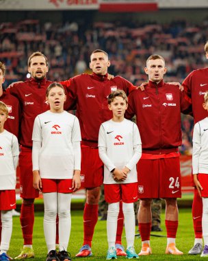 Tomasz Kedziora, Jakub Piotrowski and Kacper Kozlowski seen  during International friendly game between national teams of Poland and  New Zealand (Maciej Rogowski/Ball Raw Images)