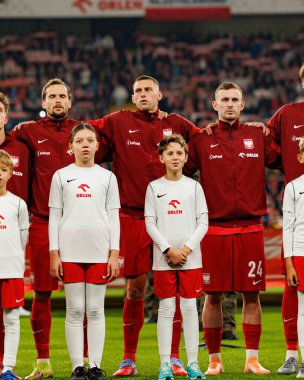 Tomasz Kedziora, Jakub Piotrowski and Kacper Kozlowski seen  during International friendly game between national teams of Poland and  New Zealand (Maciej Rogowski/Ball Raw Images)