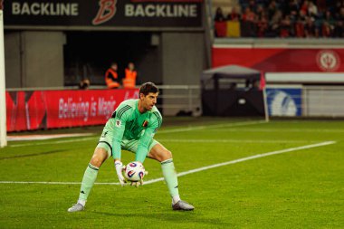 Thibaut Courtois, Belçika ve Kuzey Makedonya milli takımları arasında oynanan 2026 Dünya Kupası ön eleme maçında görüldü (Maciej Rogowski / Ball Raw Images)