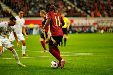 Jeremy Doku, Belçika ve Kuzey Makedonya milli takımları arasında oynanan 2026 Dünya Kupası ön eleme maçında görüldü (Maciej Rogowski / Ball Raw Images)