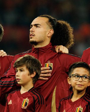 Arthur Theate, Belçika ve Kuzey Makedonya milli takımları arasında oynanan 2026 Dünya Kupası ön eleme maçında görüldü (Maciej Rogowski / Ball Raw Images)