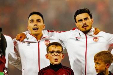 Tihomir Kostadinov ve Eljif Elmas, Belçika ve Kuzey Makedonya milli takımları arasında oynanan 2026 Dünya Kupası ön eleme maçında görüldüler (Maciej Rogowski / Ball Raw Images)
