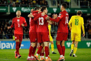 Polonyalı oyuncular, 2026 Dünya Kupası 'nda Litvanya ve Polonya milli takımları arasında oynanan Avrupa Ön eleme maçında Robert Lewandowski' den gol üstüne gol atarken görüldü (Maciej Rogowski / Ball Raw Images)