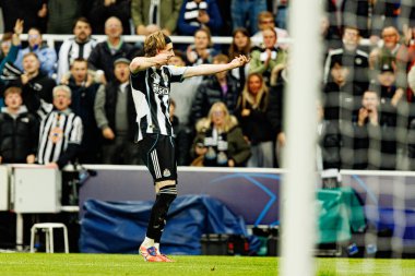 Anthony Gordon, Newcastle United FC ve SL Benfica (Maciej Rogowski / Ball Raw Images) arasındaki Şampiyonlar Ligi faz maçında attığı golün ardından kutlama yaparken görüldü.)