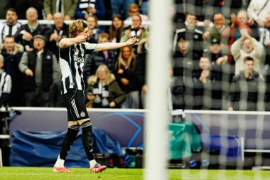 Anthony Gordon, Newcastle United FC ve SL Benfica (Maciej Rogowski / Ball Raw Images) arasındaki Şampiyonlar Ligi faz maçında attığı golün ardından kutlama yaparken görüldü.)