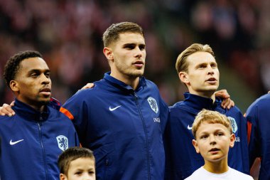 Jurrien Timber, Micky Van de Ven ve Frenkie De Jong, 2026 Dünya Kupası eleme maçında Polonya ve Hollanda milli takımları arasında görüldü (Maciej Rogowski / Ball Raw Images)