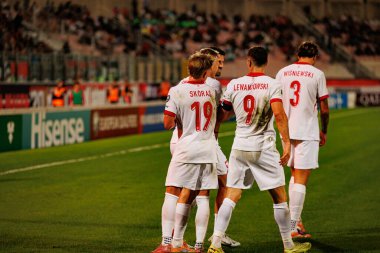 Polonyalı oyuncular, 2026 Dünya Kupası eleme maçında Pawel Wszolek 'in milli takımları ile Polonya milli takımları arasında attığı gol üstüne golü kutlarken görüldü (Maciej Rogowski / Ball Raw Images)