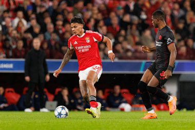 Richard Rios ve Christian Kofane SL Benfica ve Bayer 04 Leverkusen (Maciej Rogowski / Ball Raw Images) arasında Şampiyonlar Ligi faz maçında görüldü.)