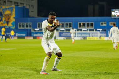 Pedro Bondo, Taca De Portugal maçında GD Estoril Praia ve FC Famalicao takımları arasında attığı gol sonrasında Estadio Antonio Coimbra da Mota 'da (Maciej Rogowski / Ball Raw Images)