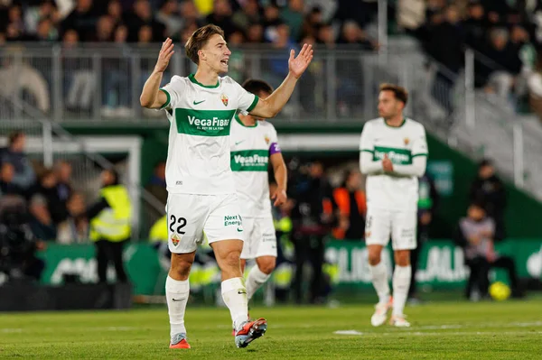 Elche, İspanya - 11 23 23 2025: David Affengruber, Elche CF ve Real Madrid FC takımları arasında LaLiga EA SPORTS maçı sırasında görüldü  