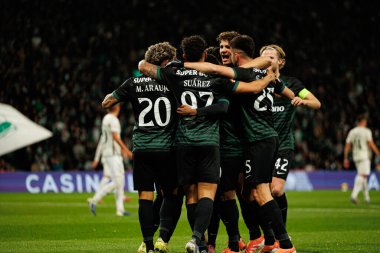 Players of Sporting   seen celebrating after goal from Luis Suarez during Liga Portugal game between teams of Sporting CP and CF Estrela Amadora  at Estadio Jose Alvalade (Maciej Rogowski/Ball Raw Images)