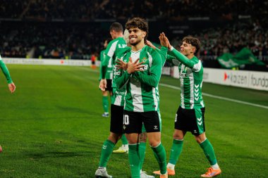 Abdessamad Ezzalzouli Ez Abde seen celebrating after scoring goal during UEFA Europa League game between teams of Real Betis Balompie and FC Utrecht (Maciej Rogowski/Ball Raw Images)
