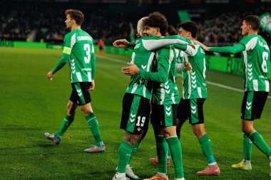 Cucho Hernandez and Abdessamad Ezzalzouli Ez Abde seen celebrating after scoring goal during UEFA Europa League game between teams of Real Betis Balompie and FC Utrecht (Maciej Rogowski/Ball Raw Images)
