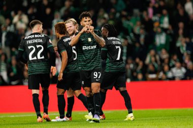 Luis Suarez  seen celebrating after scoring goal during Liga Portugal game between teams of Sporting CP and CF Estrela Amadora  at Estadio Jose Alvalade (Maciej Rogowski/Ball Raw Images)