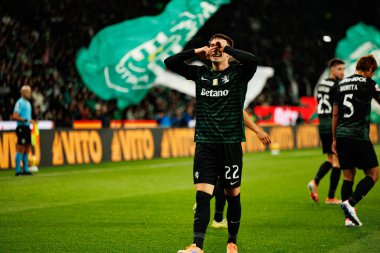 Ivan Fresneda  seen celebrating after scoring goal during Liga Portugal game between teams of Sporting CP and CF Estrela Amadora  at Estadio Jose Alvalade (Maciej Rogowski/Ball Raw Images)