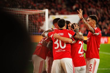 Benfica oyuncuları, SL Benfica ve SSC Napoli (Maciej Rogowski / Ball Raw Images) arasındaki Şampiyonlar Ligi faz maçında Richard Rios 'tan gol üstüne gol atarken görüldü.)