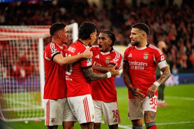 Benfica oyuncuları, SL Benfica ve SSC Napoli (Maciej Rogowski / Ball Raw Images) arasındaki Şampiyonlar Ligi faz maçında Richard Rios 'tan gol üstüne gol atarken görüldü.)