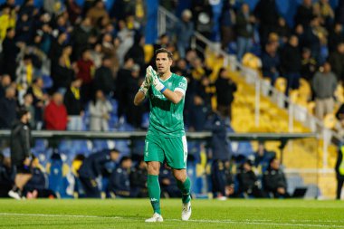 Joel Robles, Liga Portekiz maçında GD Estoril Praia ve SC Braga takımları arasında Estadio Antonio Coimbra da Mota 'da gol üstüne gol atarken görüldü (Maciej Rogowski / Ball Raw Images)