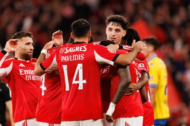 Benfica 'nın oyuncuları, Liga Portekiz maçında SL Benfica ile GD Estoril Praia (Maciej Rogowski / Ball Raw Images) arasında oynanan maçta Vangelis Pavlidis' ten gol üstüne gol atarken görüldü.)