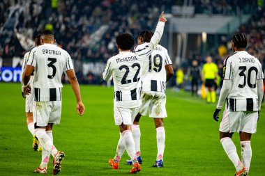 Weston McKennie, Juventus FC ve SL Benfica (Maciej Rogowski / Ball Raw Images) arasındaki Şampiyonlar Ligi faz maçını kutluyor)
