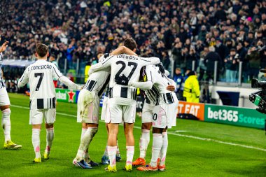 Weston McKennie, Juventus FC ve SL Benfica (Maciej Rogowski / Ball Raw Images) arasındaki Şampiyonlar Ligi faz maçını kutluyor)