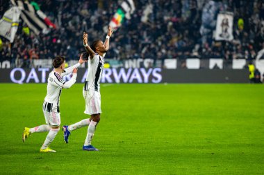 Khephren Thuram, Juventus FC ile SL Benfica (Maciej Rogowski / Ball Raw Images) arasındaki Şampiyonlar Ligi faz maçını kutluyor.)