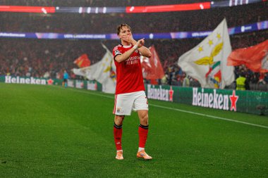 Andreas Schjelderup, SL Benfica ve Real Madrid CF (Maciej Rogowski / Ball Raw Images) arasındaki Şampiyonlar Ligi faz maçında gol attıktan sonra kutlama yaparken görüldü.)