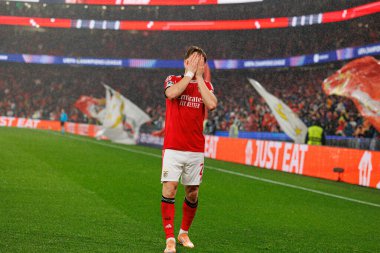 Andreas Schjelderup, SL Benfica ve Real Madrid CF (Maciej Rogowski / Ball Raw Images) arasındaki Şampiyonlar Ligi faz maçında gol attıktan sonra kutlama yaparken görüldü.)