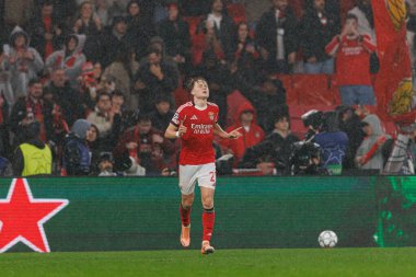 Andreas Schjelderup SL Benfica ve Real Madrid CF (Maciej Rogowski / Ball Raw Images) arasındaki Şampiyonlar Ligi faz maçında gol attıktan sonra kutlama yaparken görüldü)