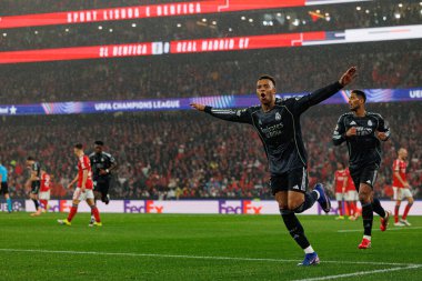 Kylian Mbappe, SL Benfica ve Real Madrid CF (Maciej Rogowski / Ball Raw Images) arasındaki Şampiyonlar Ligi faz maçında gol üstüne gol atarken görüldü)