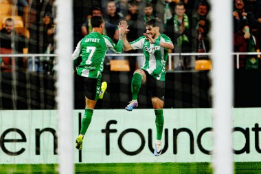 Antony and Ez Abde seen celebrating after goal during UEFA Europa League game between teams of Real Betis Balompie and Feyenoord Rotterdam  (Maciej Rogowski/Ball Raw Images)