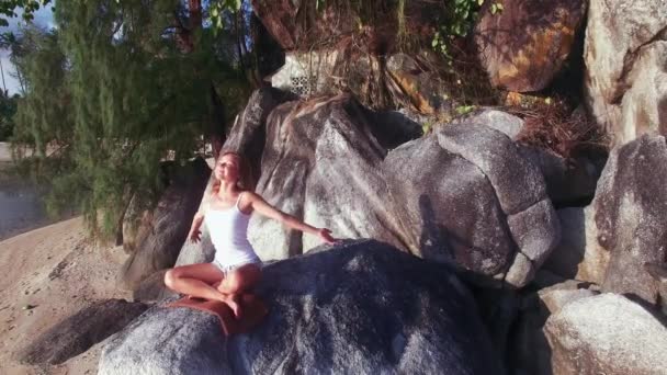 Donna seduta su una roccia — Video Stock