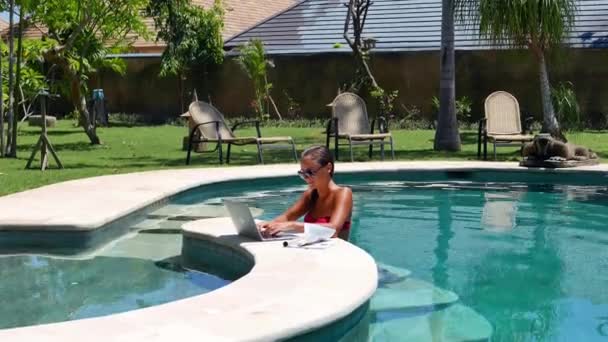 Mulher trabalhando no laptop em pé na beira da piscina — Vídeo de Stock